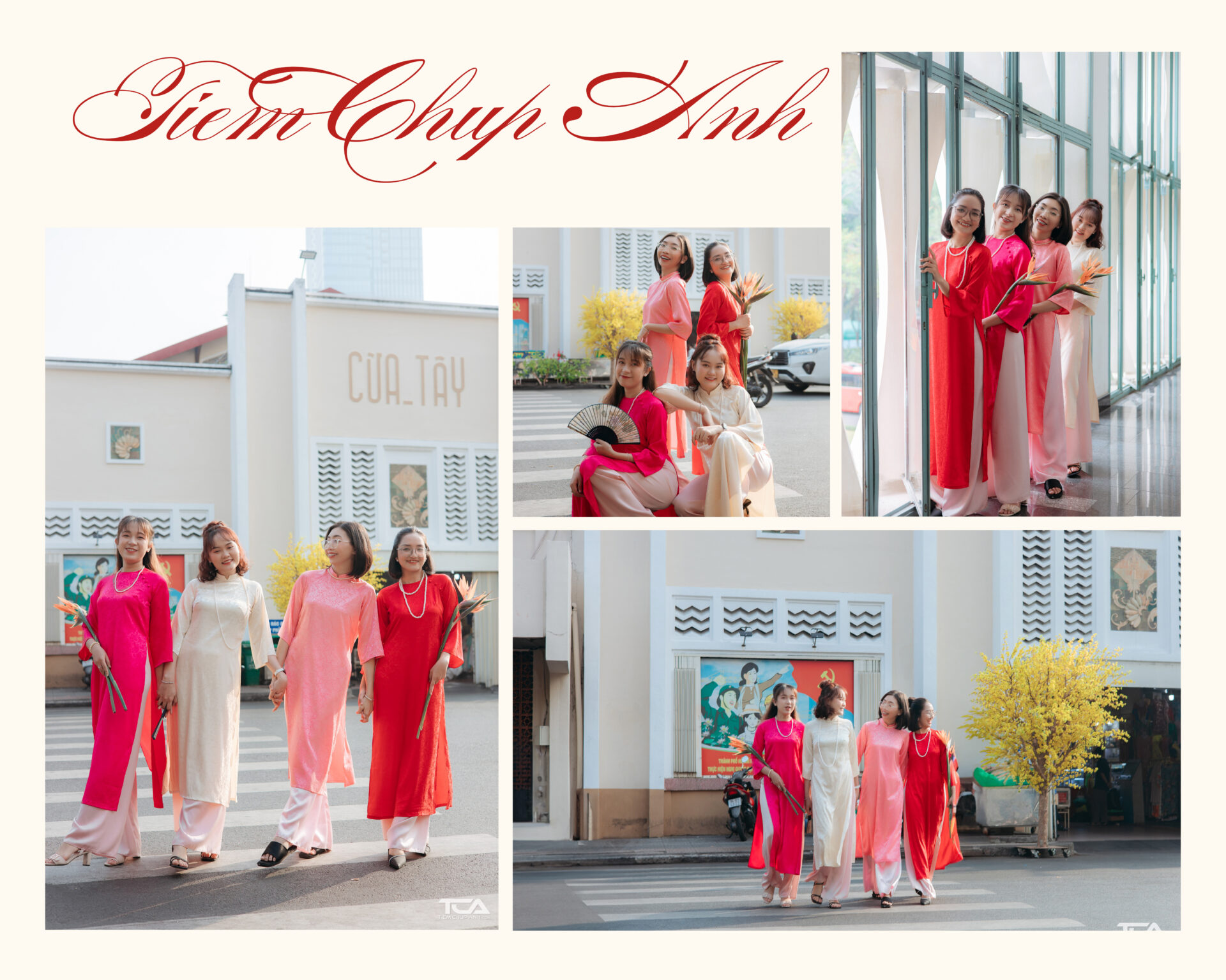 chụp hình với áo dài tết